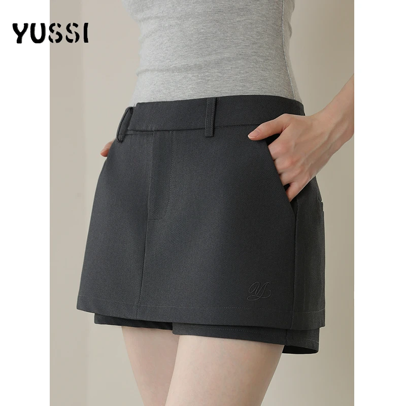 YUSSI气质西装假两件半身裙女春季百搭修身绣花裤裙短裙