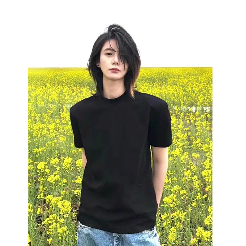 黑色垫肩短袖男款夏季美式高街正肩t恤cleanfit高级感痞帅半截袖