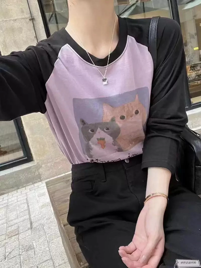 韩国东大门2025春季宽松百搭猫咪印花拼色圆领长袖T恤