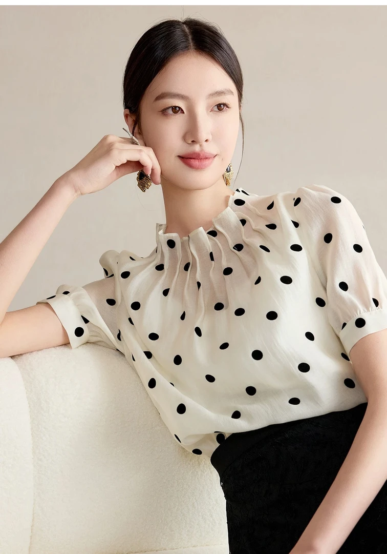 丽公主F761法式波点衬衫女2025新款小众设计感洋气时尚天丝衬衣夏