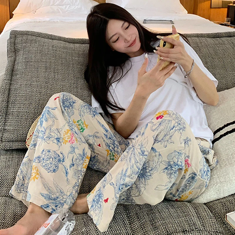 【爆款推荐】夏季棉绸女士印花睡裤阔腿裤舒适防蚊有垂感薄款直筒