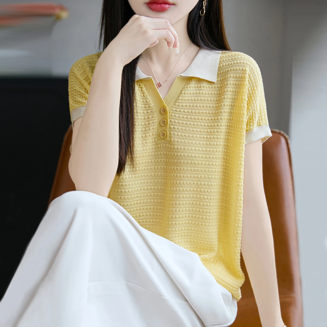 大码女装夏装胖mm冰丝针织衫女士短袖t恤遮肚子显瘦镂空翻领上衣