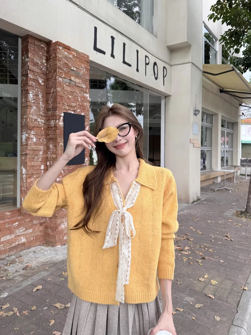 甜美风蕾丝系带长袖针织衫女装秋季小众别致减龄chic上衣H8-69