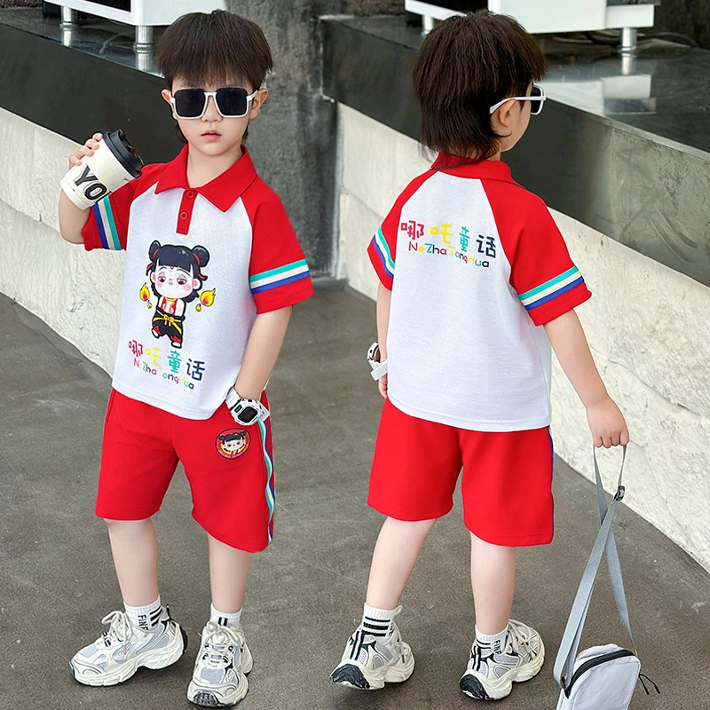 男童夏季哪吒衣服POLO衫短袖套装2025新款潮酷痞帅宝宝夏装两件套