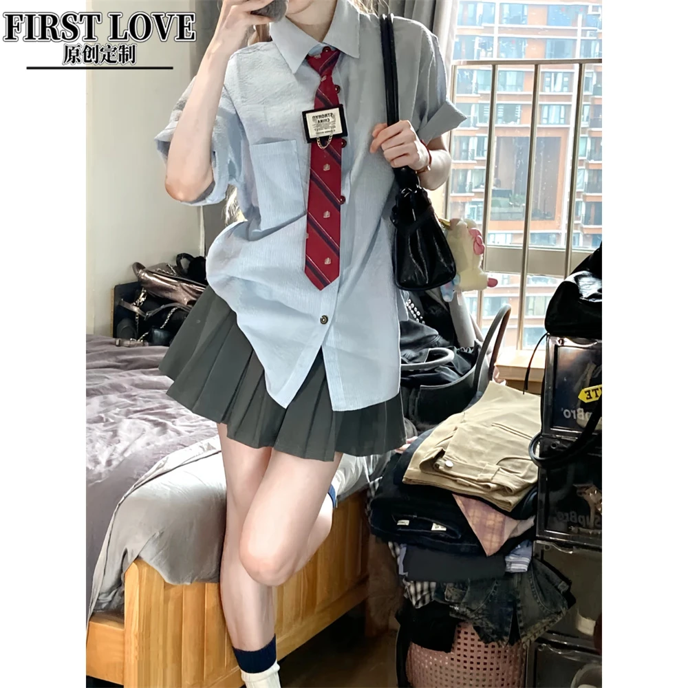 jk制服套装蓝色半袖衬衫短袖领带校牌一整套学院风毕业班服百褶裙