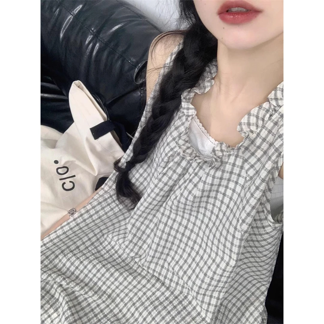 韩系文艺复古格子无袖T恤衬衫女夏季2025新款减龄宽松花边领上衣