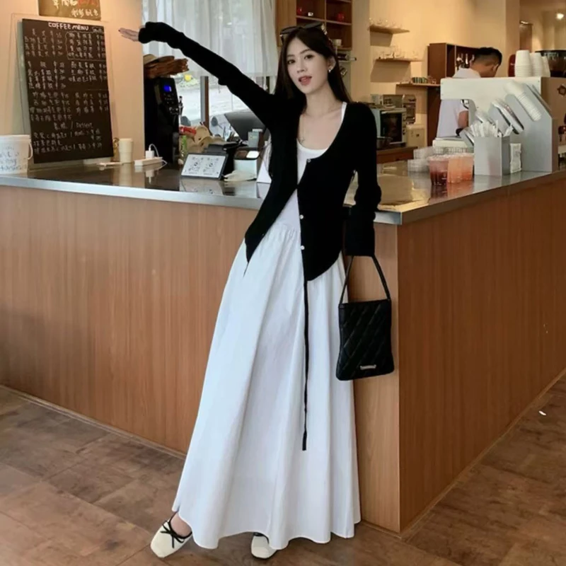 叠穿系带长袖针织开衫女春季新款高腰显瘦A字吊带连衣裙时尚套装