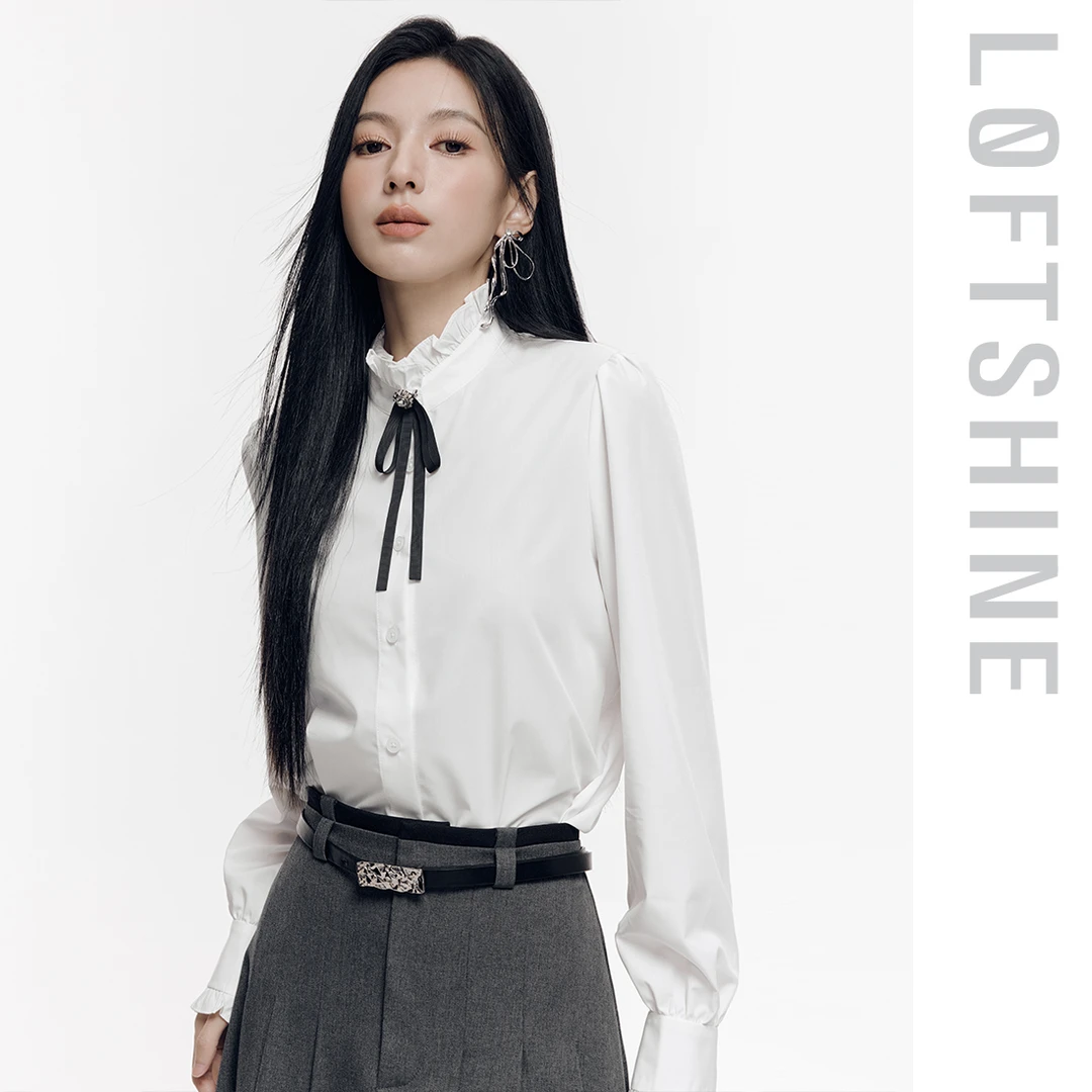 LOFTSHINE珞炫衬衫女2024秋季新款新款蝴蝶结飘带立领衬衫女