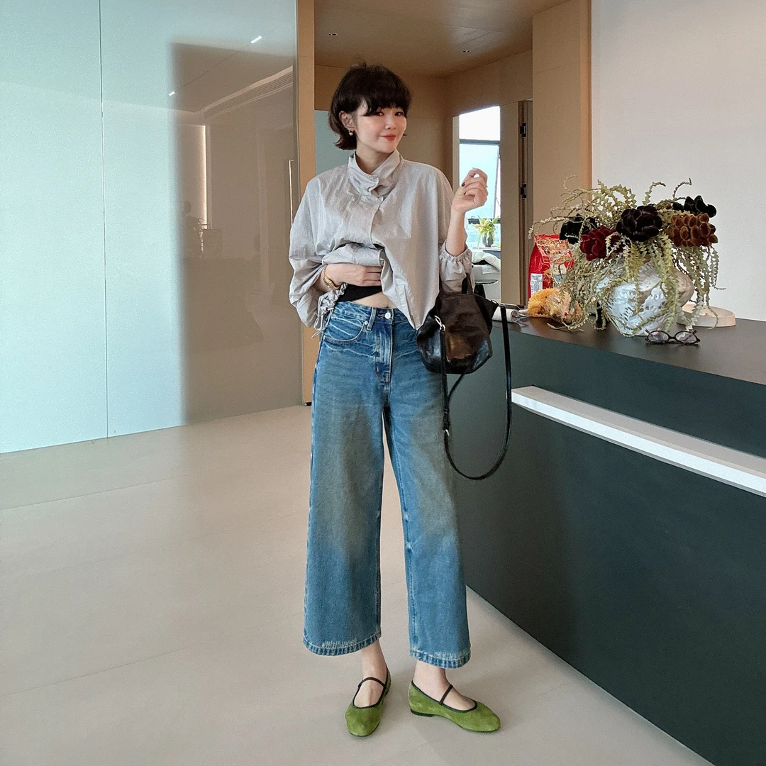 春季新款复古洗水直筒阔腿宽松高腰牛仔裤