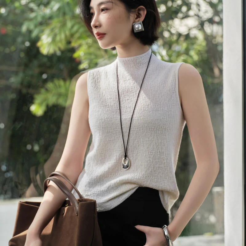 68支精纺100%山羊绒肌理纹无袖背心百搭半高领气质纯色