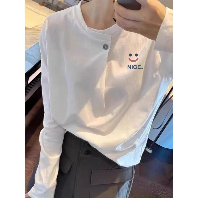 白色长袖女2025秋季爆款半开领纽扣显瘦小众ins打底衫百搭上衣潮