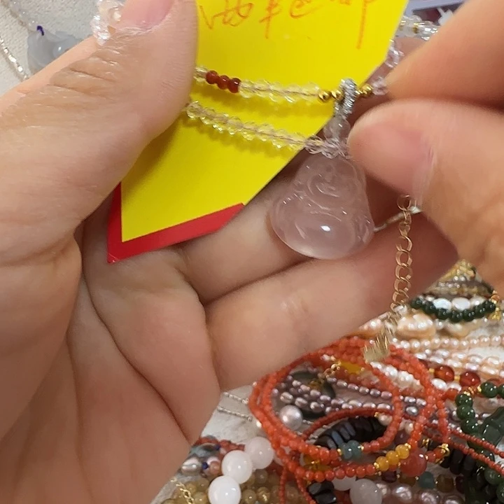 未镶嵌颈饰芙蓉石18.5粉水晶佛公带链子天然结构