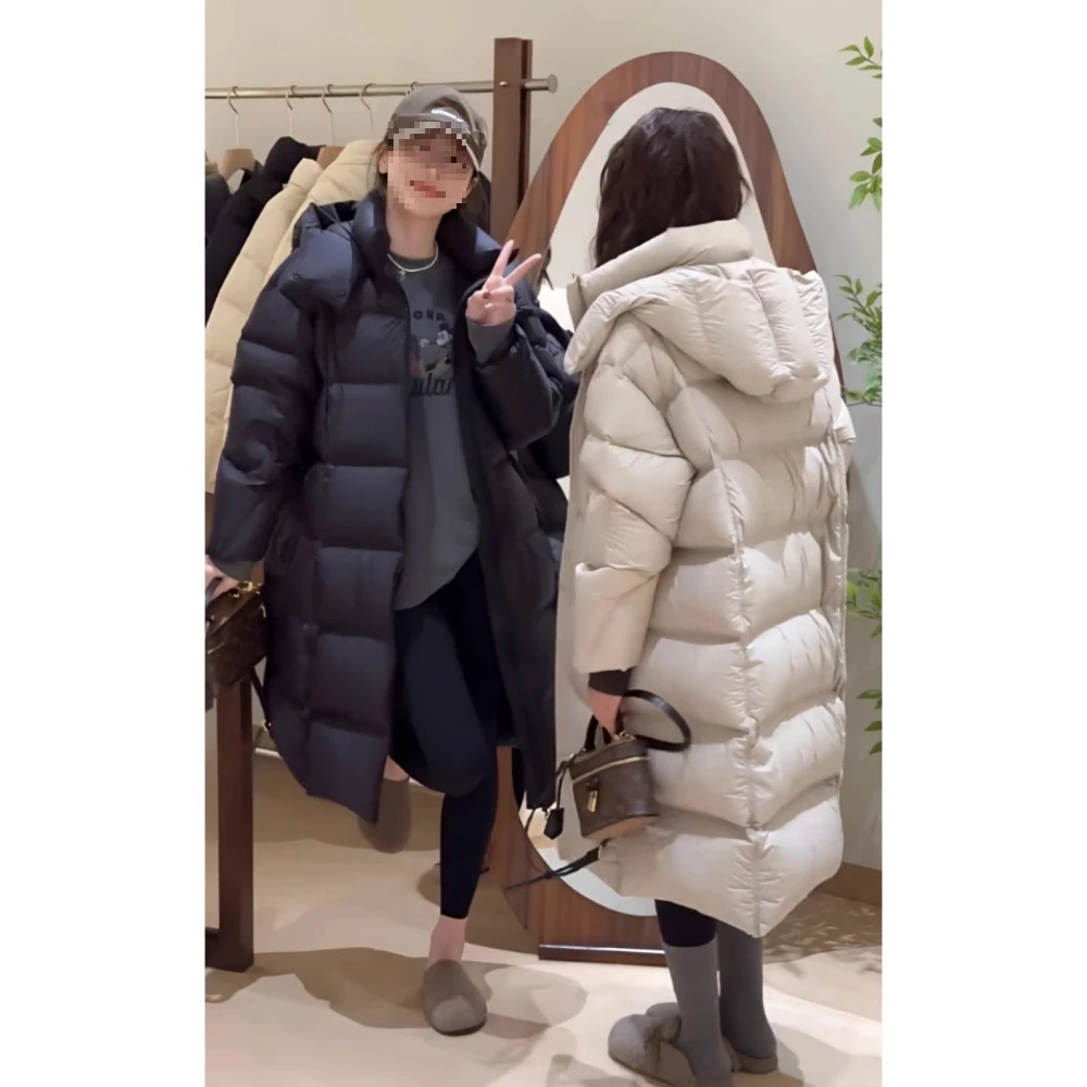 ~爆款连帽鸭绒服2025年女冬韩系加厚宽松过膝长款白鸭绒保暖外套