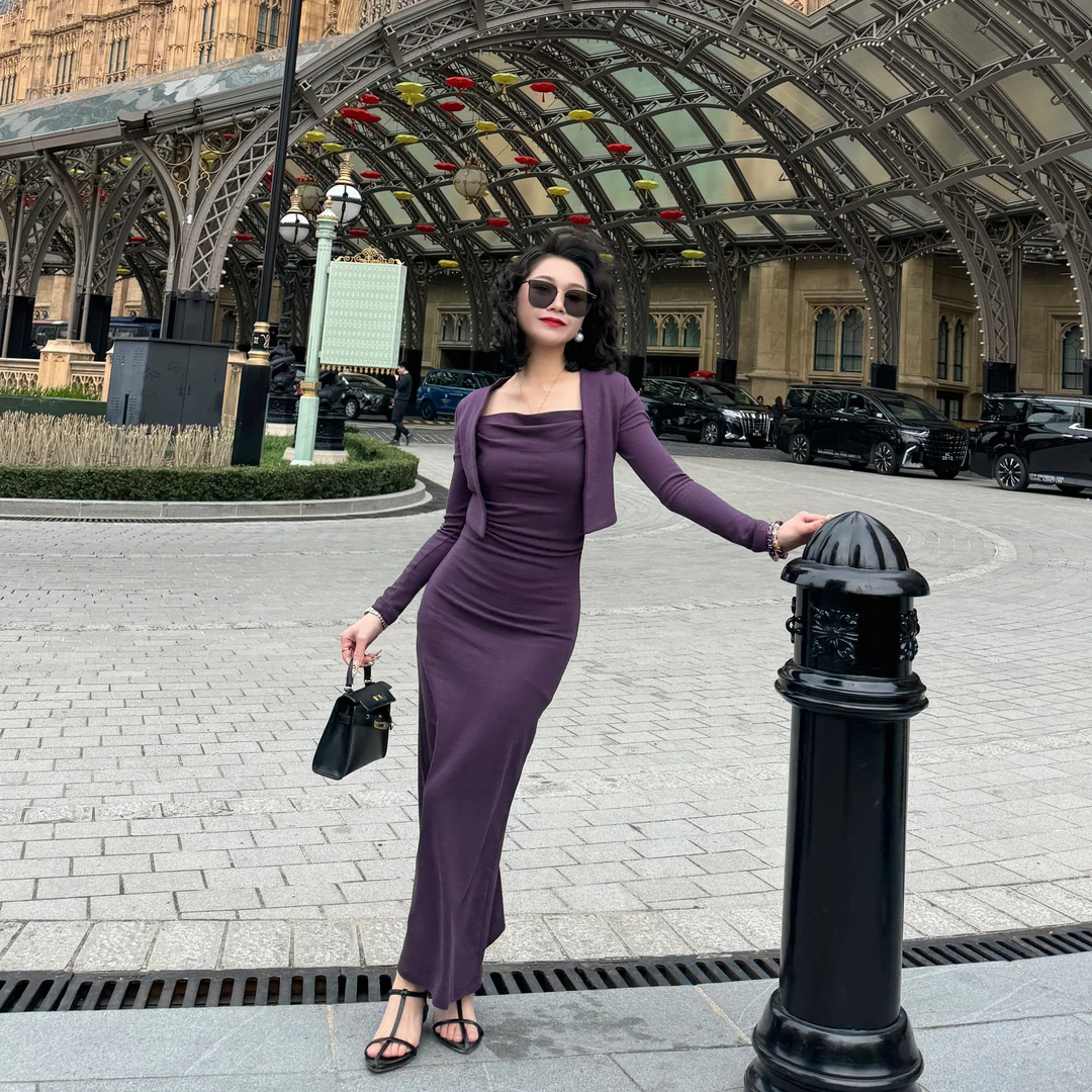 【KNJ】145小个子定制2025早秋包臀修身慵懒开衫吊带连衣裙两件套