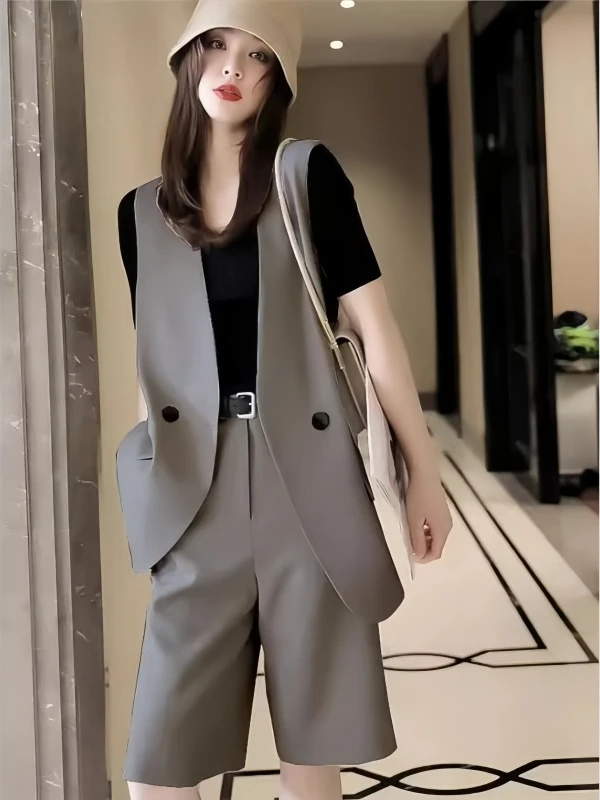 休闲风通勤风时尚套装洋气宽松西装小个子休闲夏季显瘦短袖短裤女