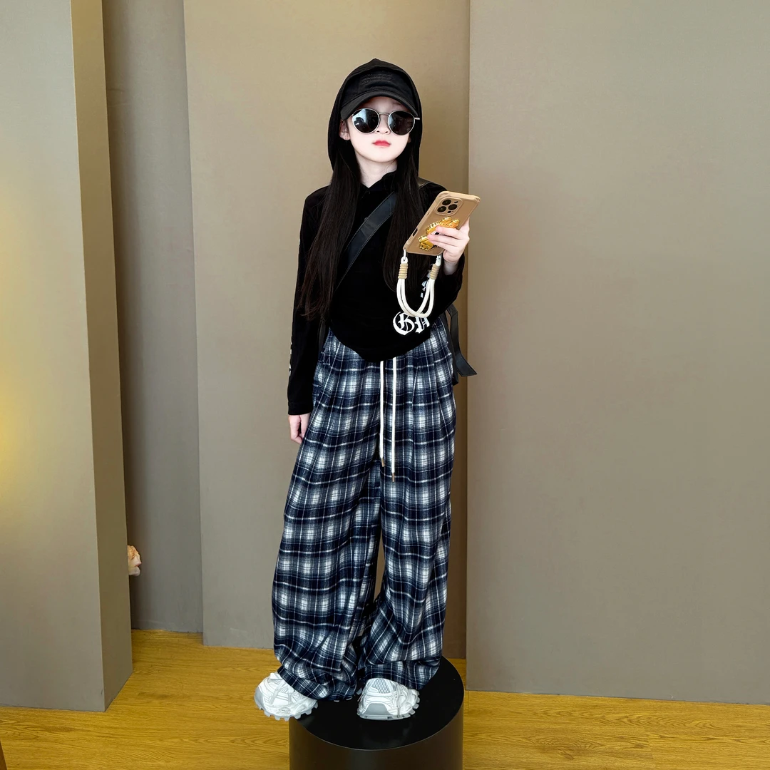 女童套装秋季新款洋气格子阔腿裤卫衣两件套中大童时髦休闲套装潮