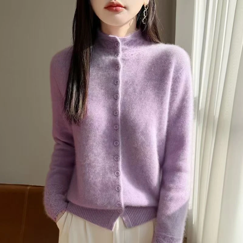 怡青2店【设计师款】羊毛衫精致翻领高领单排扣厚款百搭针织衫女