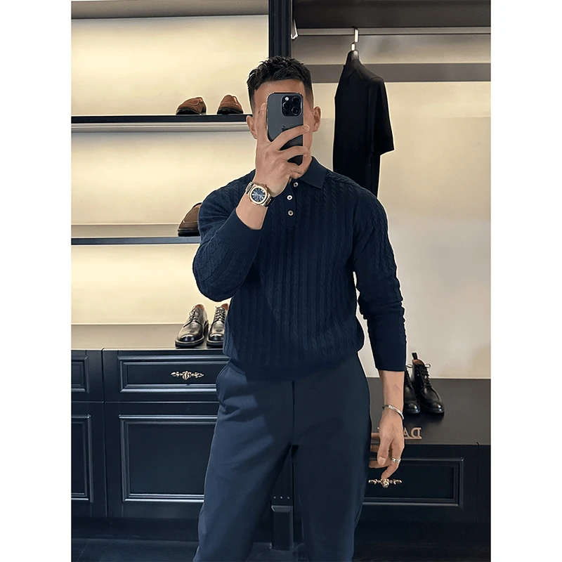 藏青色扭花翻领针织polo衫毛衣男士春秋新款高端休闲长袖打底上衣