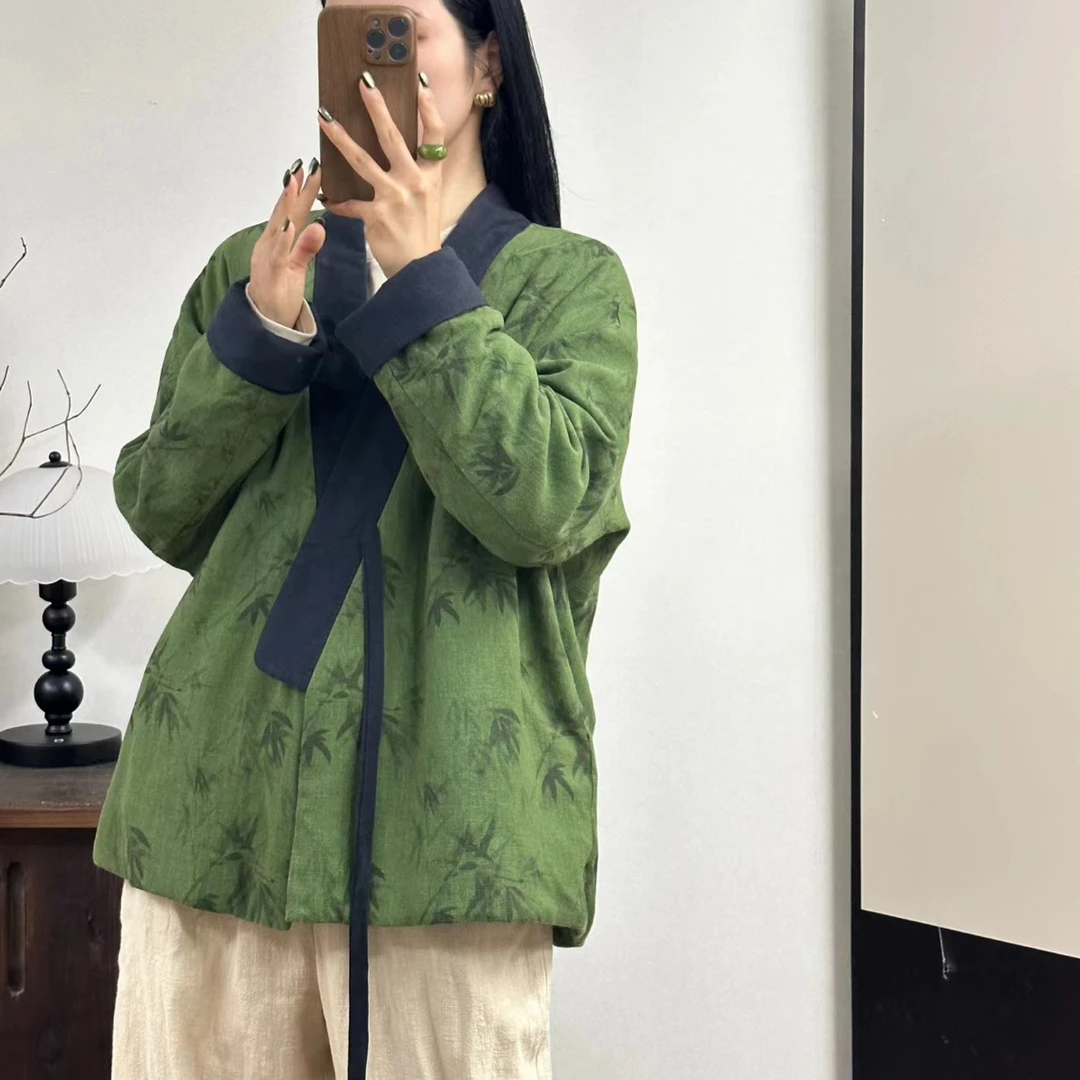 苏歆纺 冬季新中式亚麻禅意绑带汉服短款显瘦复古棉服外套 MQ7266