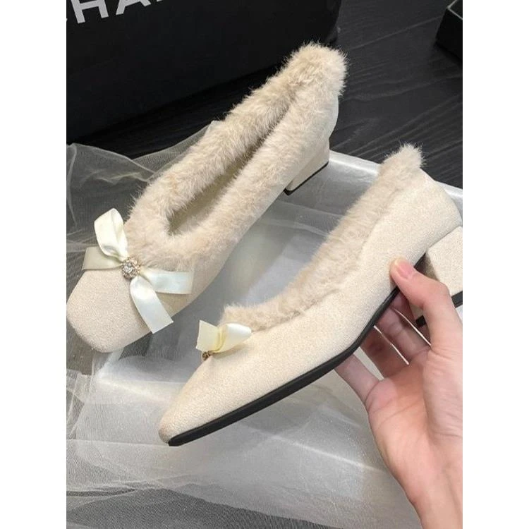 穿高跟鞋的吴大叔正版新中式配旗袍毛毛鞋女2025新款秋冬季小个子