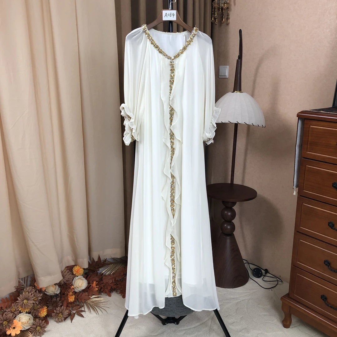 【A084】时尚新款民族风迪拜土耳其重工服饰白色长款连衣裙