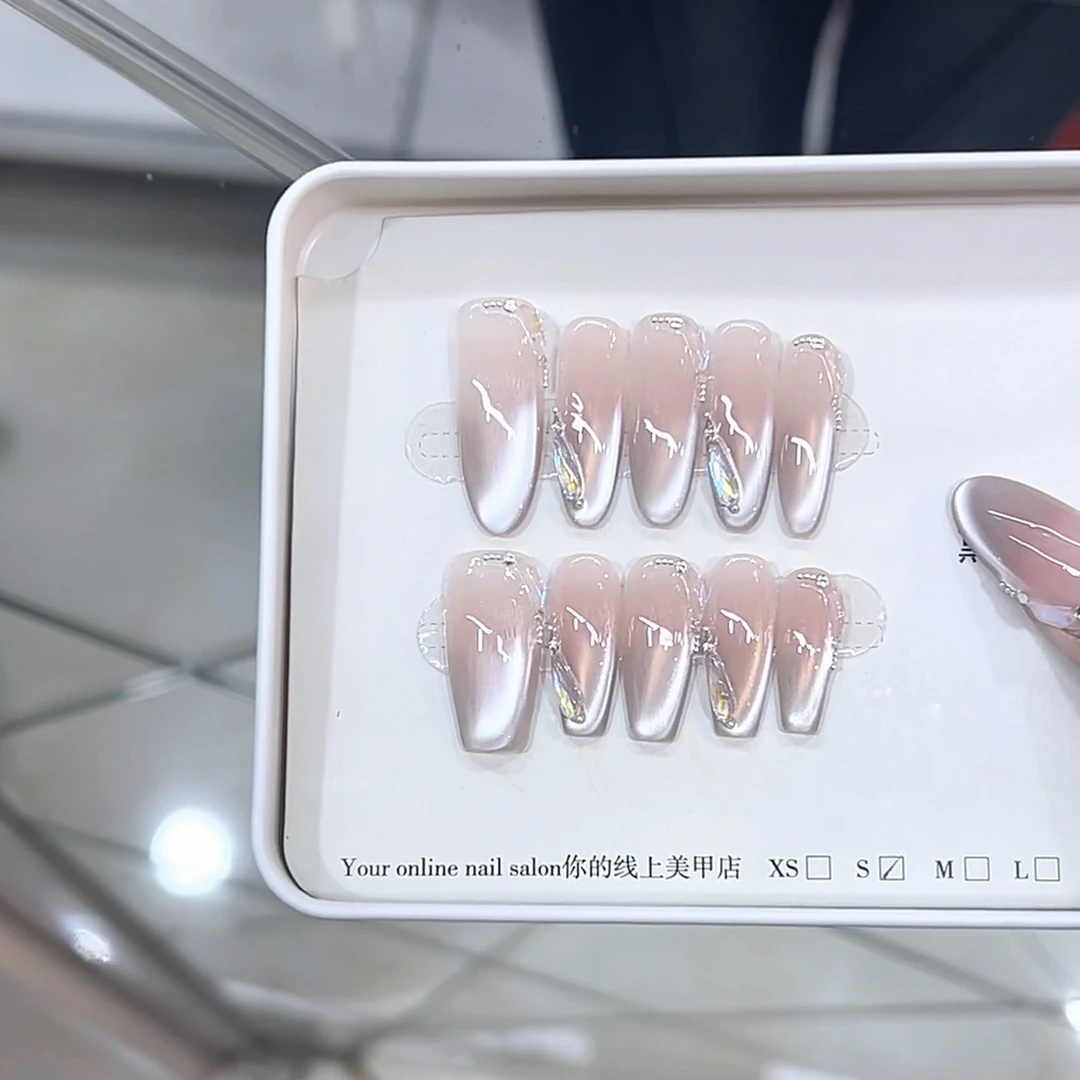 纯手工短款穿戴甲极简白月光立锆石测光猫眼款纯欲气质新款穿戴甲