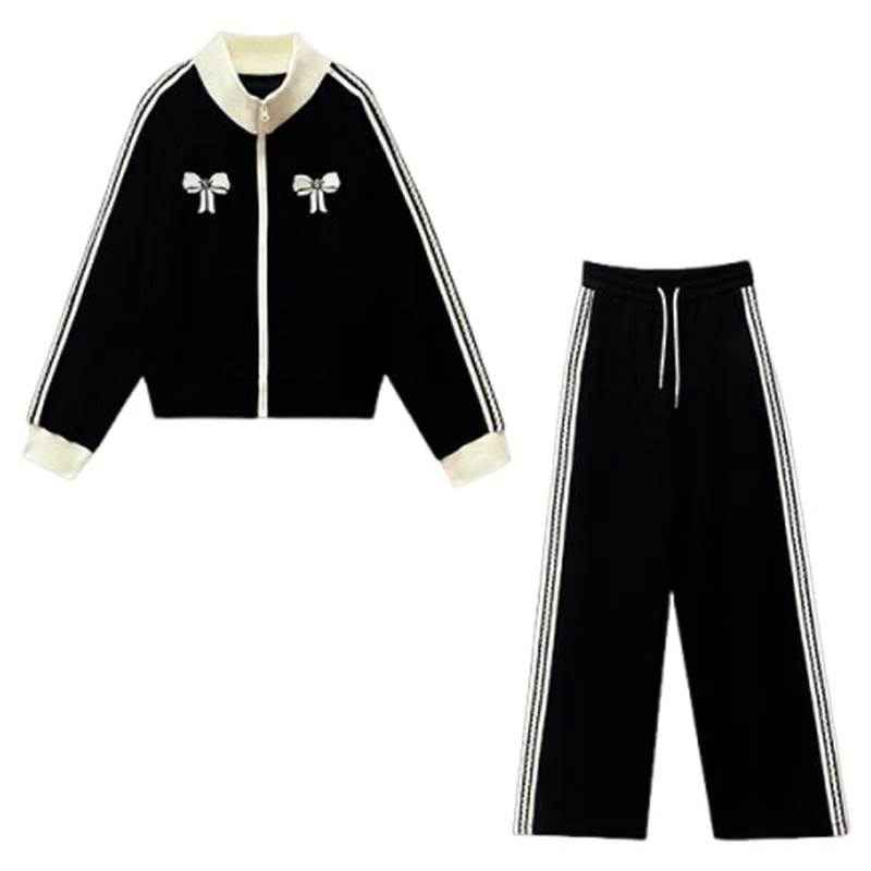 2025春秋韩式新款休闲风黑色拼接小众黑色女装上衣裤子极简风套装