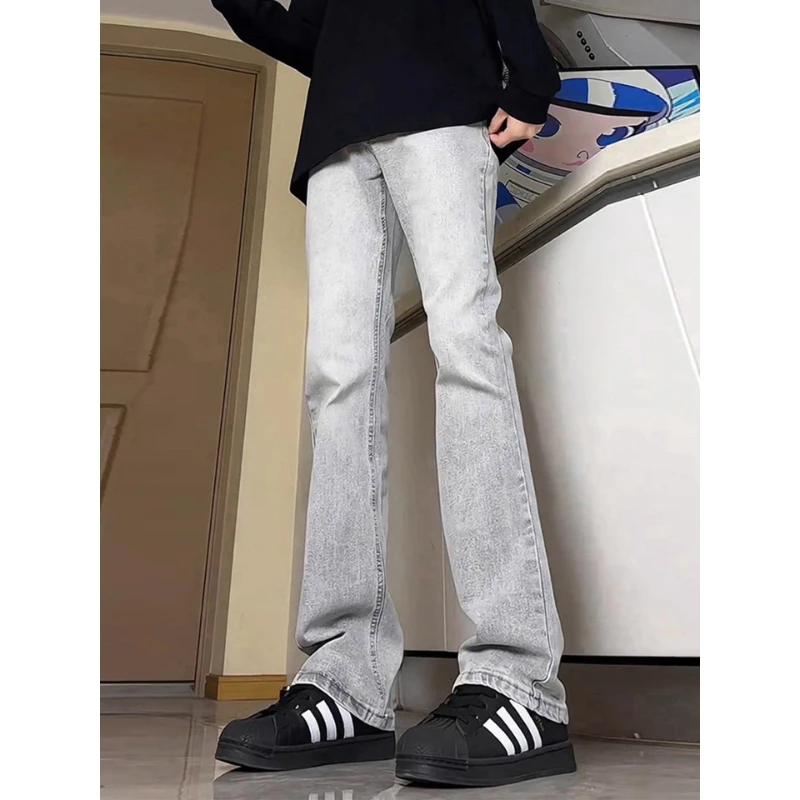 烟灰色牛仔裤男款秋季美式高街痞帅vibe裤子修身显腿长直筒微喇裤
