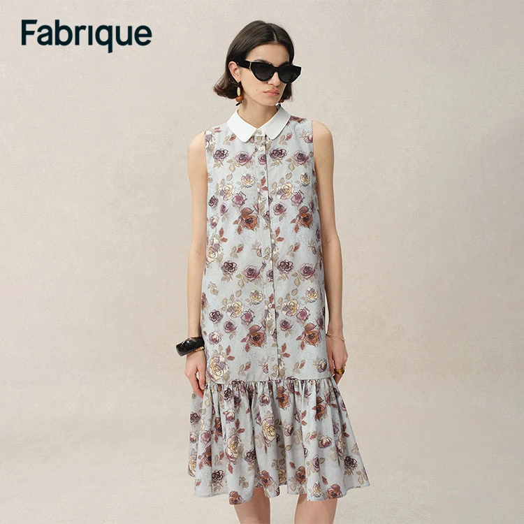 Fabrique Demi 春夏巴洛克玫瑰桑蚕丝印花衬衫领碎花茶歇裙连衣裙