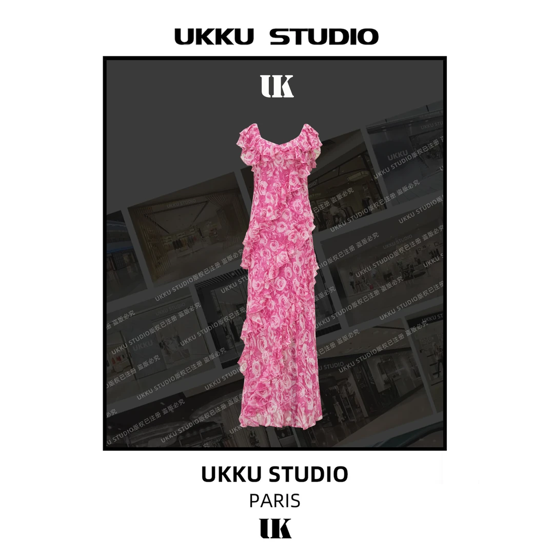文文【UKKU STUDIO】【粉玫瑰】设计师轻奢收腰夏季显瘦连衣裙914143