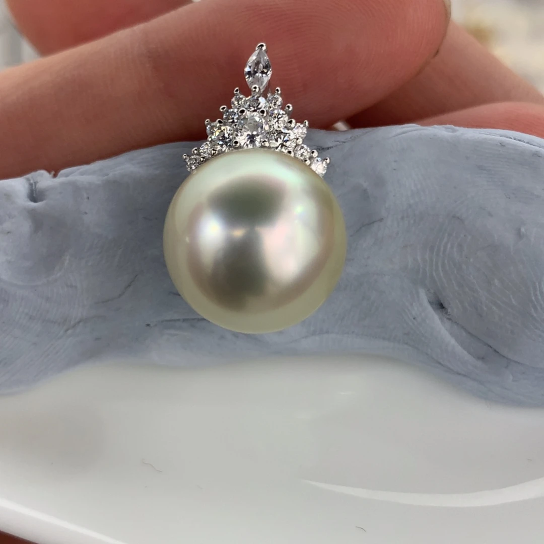 定制海水珍珠银S925镶嵌吊坠(不含链)12.3mm澳白干枯一颗