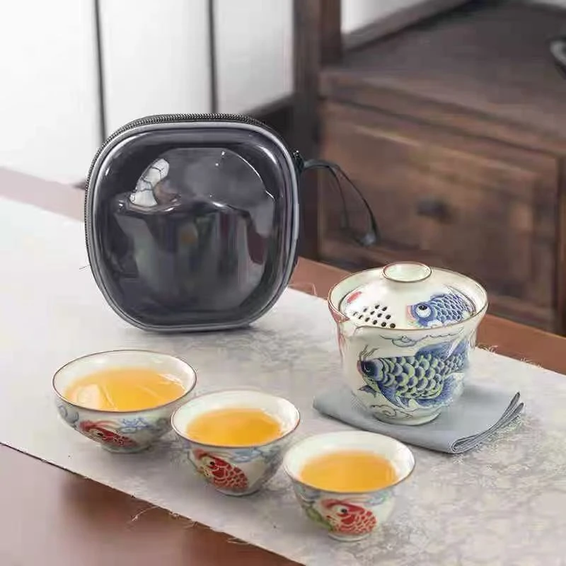 LX600汝窑鲤鱼一壶三杯户外便携式家用旅行茶具