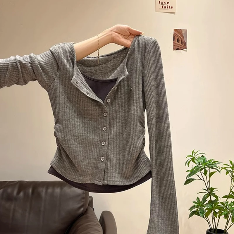 辣妹假两件针织衫女2025秋季新款修身短款小众T恤不撞款长袖上衣