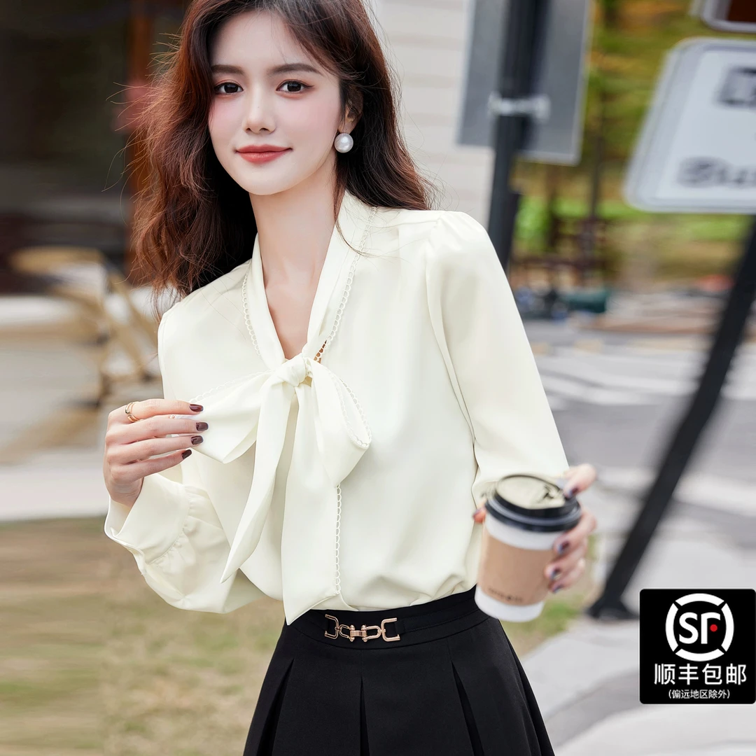 蓝语大码女装法式蝴蝶结白色长袖衬衫早秋新款微胖mm宽松显瘦上衣