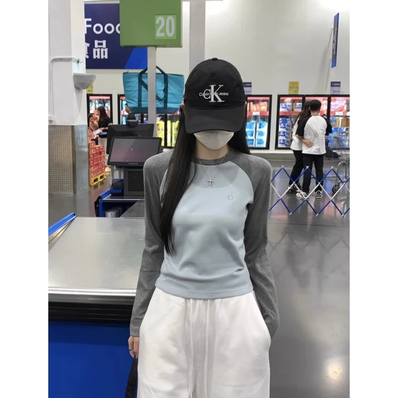 拼接撞色插肩袖上衣女2025春季正肩显瘦辣妹风内搭长袖T恤打底衫