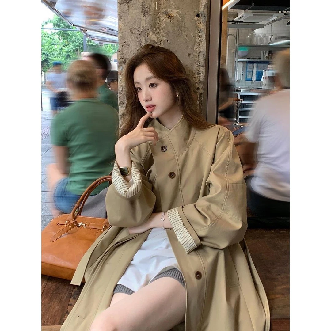 2025春秋季新款复古气质立领风衣女条纹袖宽松显瘦高级感长外套女