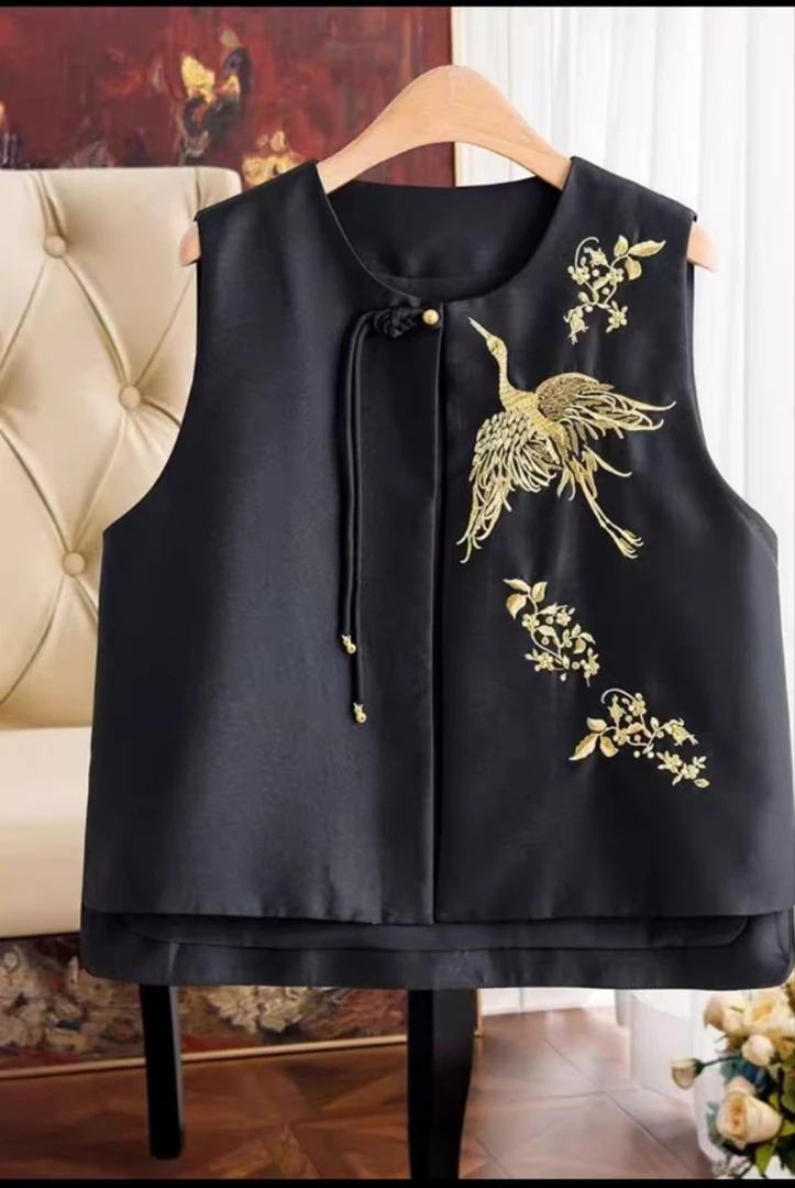 新中式国风重工金线凤凰刺绣丝毛马甲女2024春季百搭流苏背心马夹