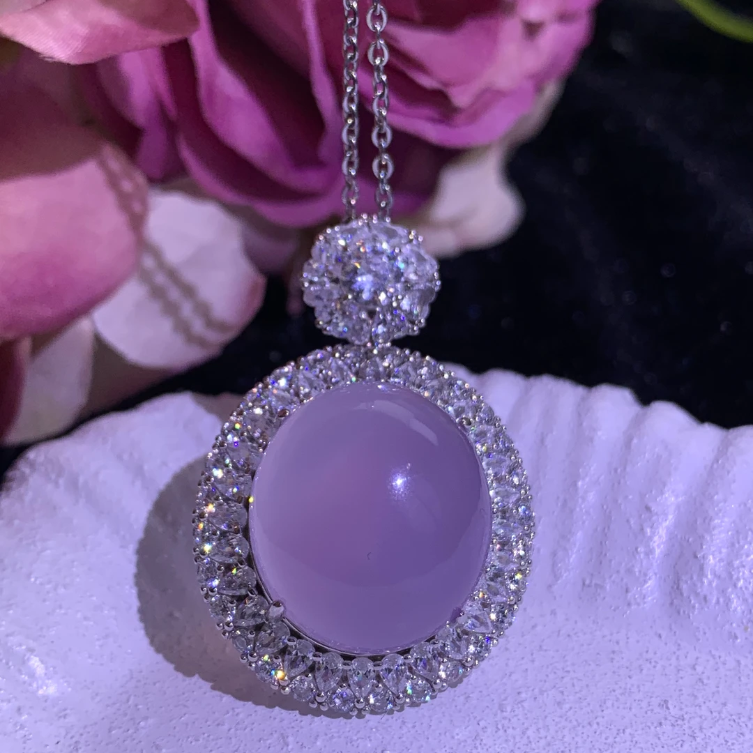 XinYuan｜紫鸽子蛋｜天然紫罗兰玉髓s925银小众珠宝满钻蛋面吊坠