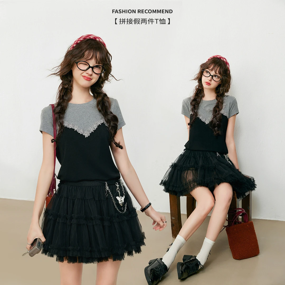 【商场同款新品】白鹿语撞色蕾丝拼接假两件女式T恤YU20699
