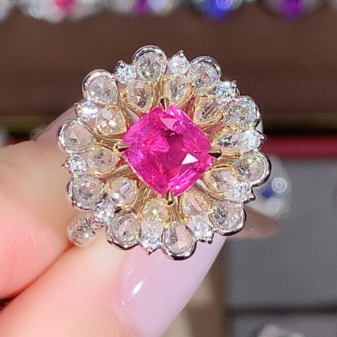 彩色蓝宝石戒指18K金镶嵌2.05ct/天然宝石/七天无理由