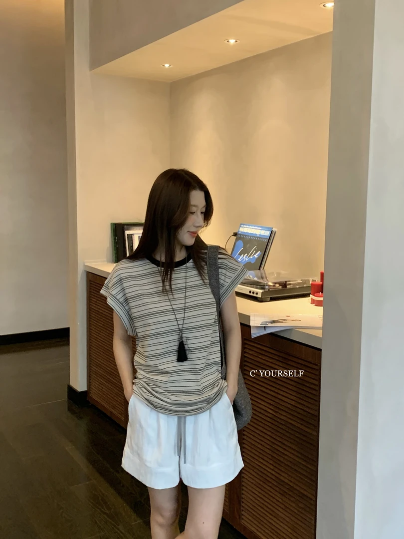 福秒-坎肩条纹T！松弛感轻薄透气宽松上衣（CY589#）CY