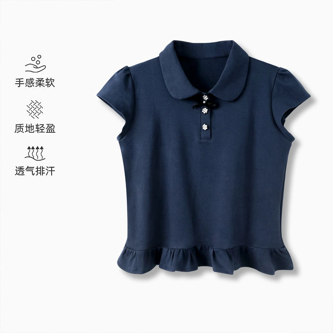 2025夏季新款短袖T恤女花朵纽扣拼接设计感POLO领显瘦百搭上衣女