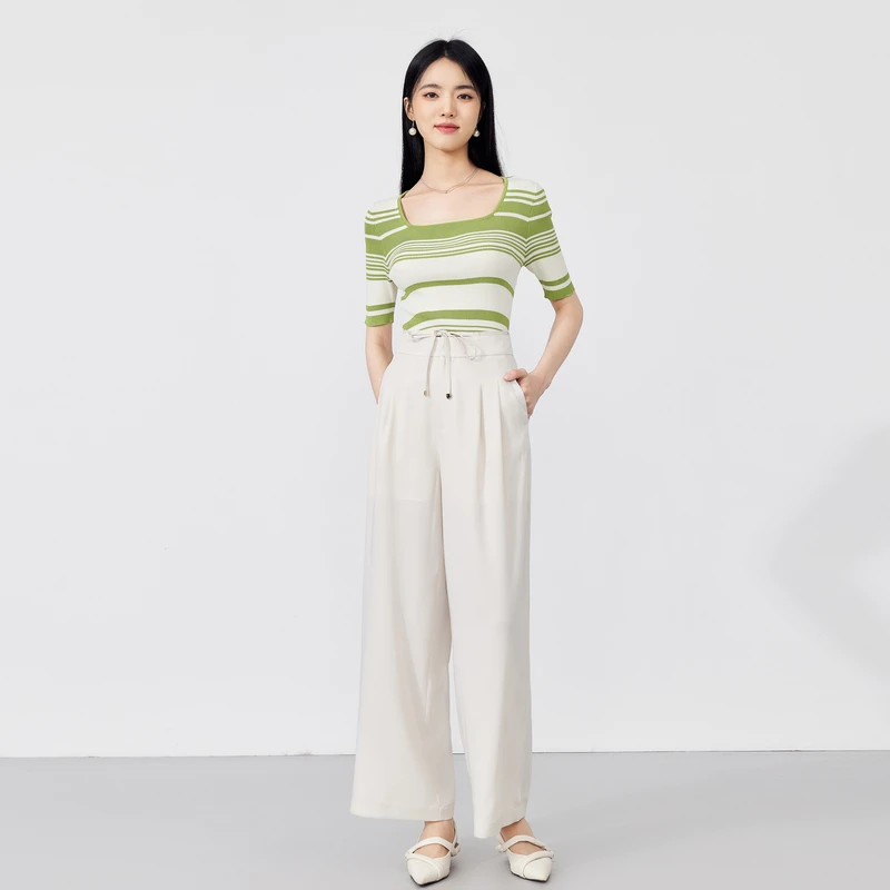 【许半夏专属】秋水伊人冰感斜纹高腰直筒休闲裤夏季新款女装