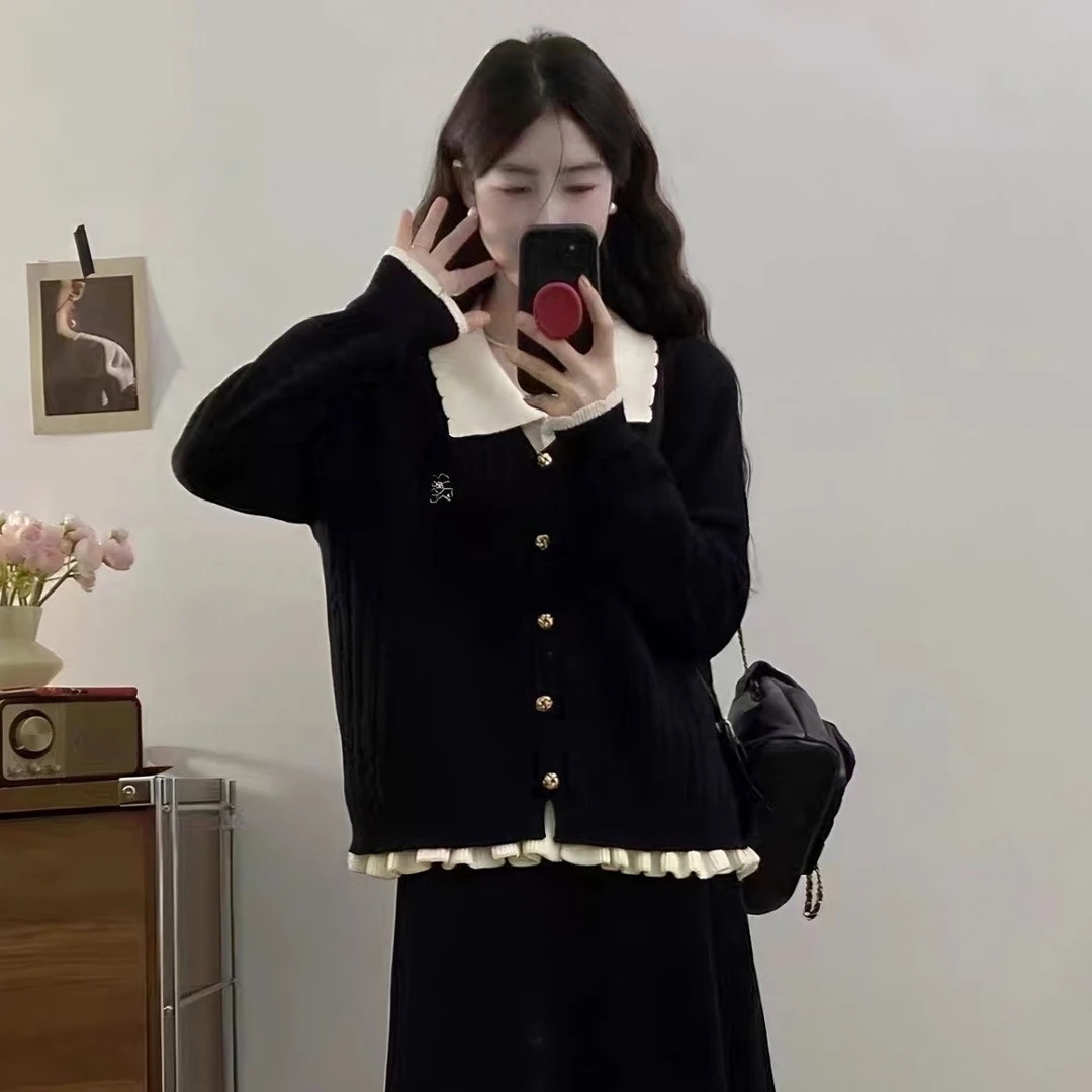 大码胖秋冬季新款假两件针织开衫女设计感撞女胖mm冬季针织开衫