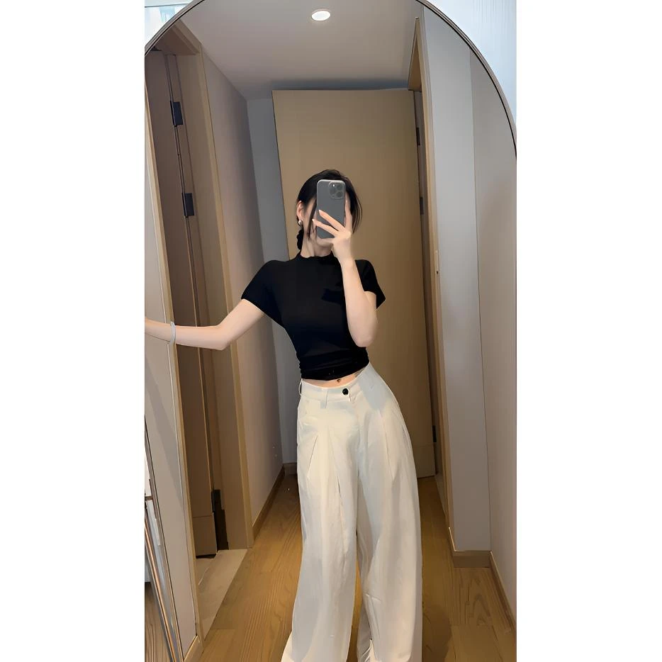 【大女主】韩版通勤圆领蝙蝠袖绑带针织上衣白色阔腿休闲裤两件套装