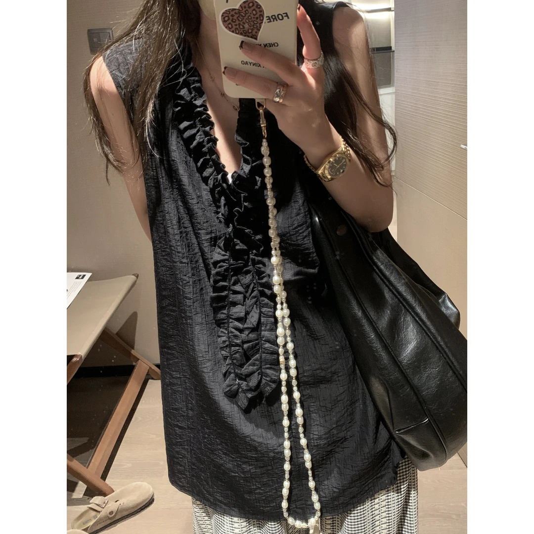 超舒适花边领无袖夏日雪纺背心2025新品法式轻盈飘逸衬衫式上衣女