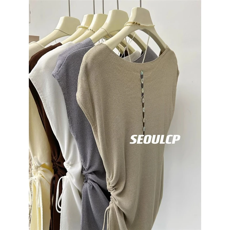 韩系后背镂空冰丝针织衫女2025夏季修身显瘦抽绳短袖洋气T恤上衣