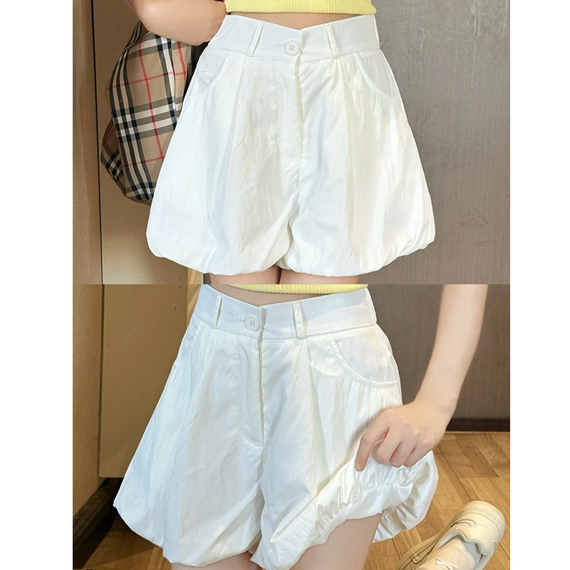 甜美白色花苞短裤女夏季薄款设计感高腰a字蓬蓬休闲裤显瘦阔腿裤