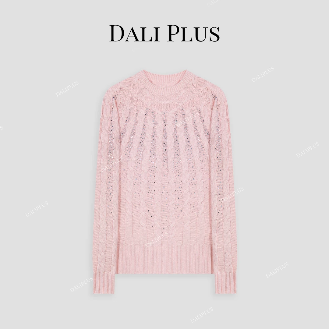 DALI PLUS100%绵羊毛重工轻奢烫钻精致高级螺纹针织上衣-D4CH0236