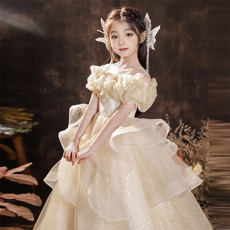 女童花童礼服2025新款香槟色洋气生日公主裙儿童主持钢琴演出礼服